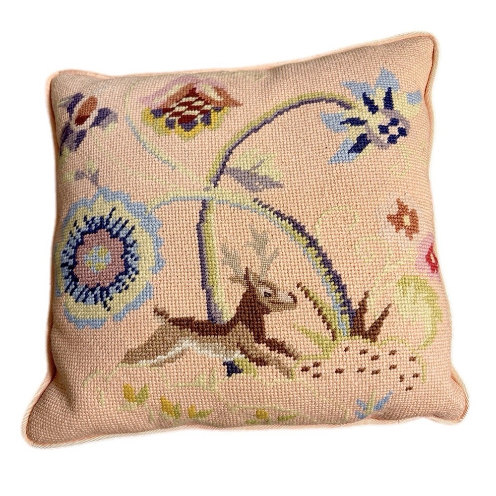 Vintage Floral Stag Peach Pillow Cross-stitch Cottagecore Heritage Decor Style - Picture 2 of 8